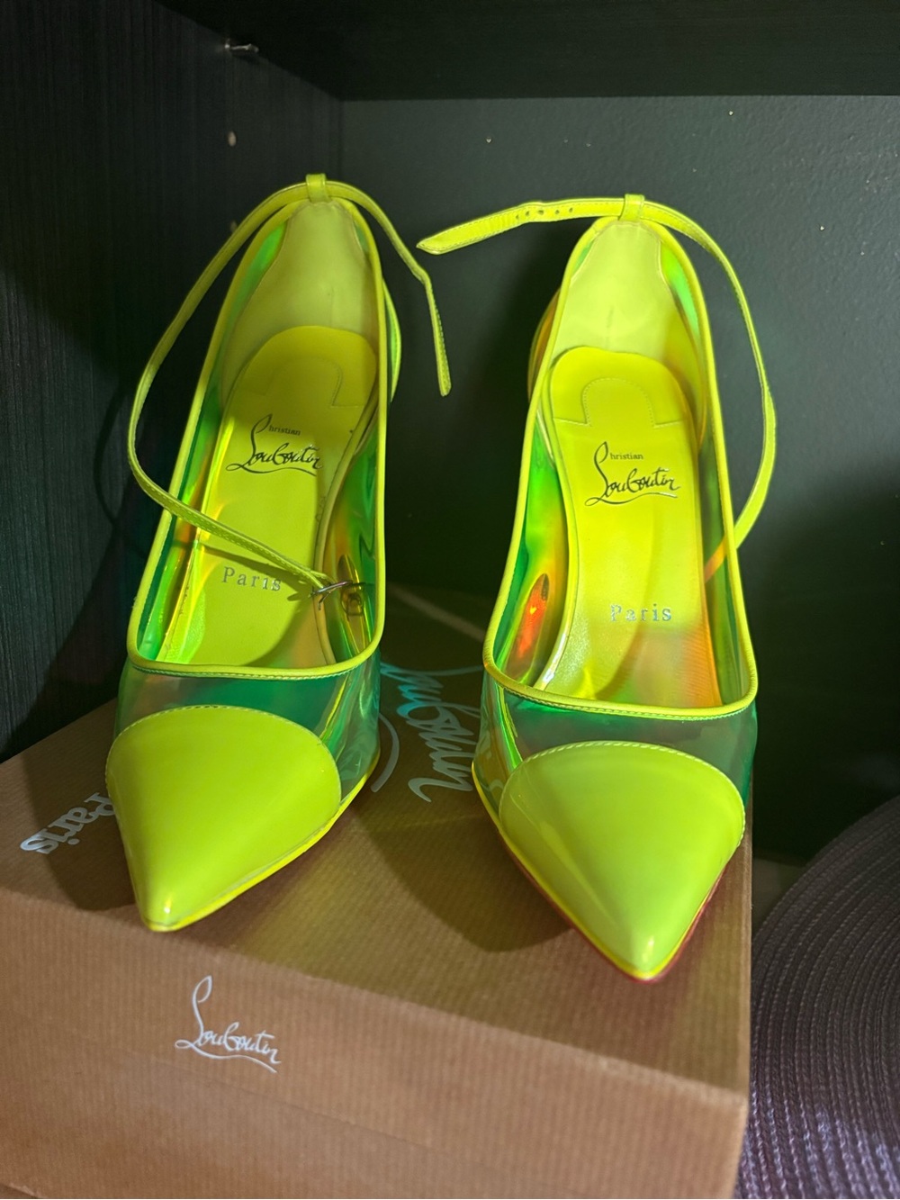 Christian Louboutin Neon Yellow Iridescent Pointed-Toe Ankle-Strap Heels - Picture 11 of 14